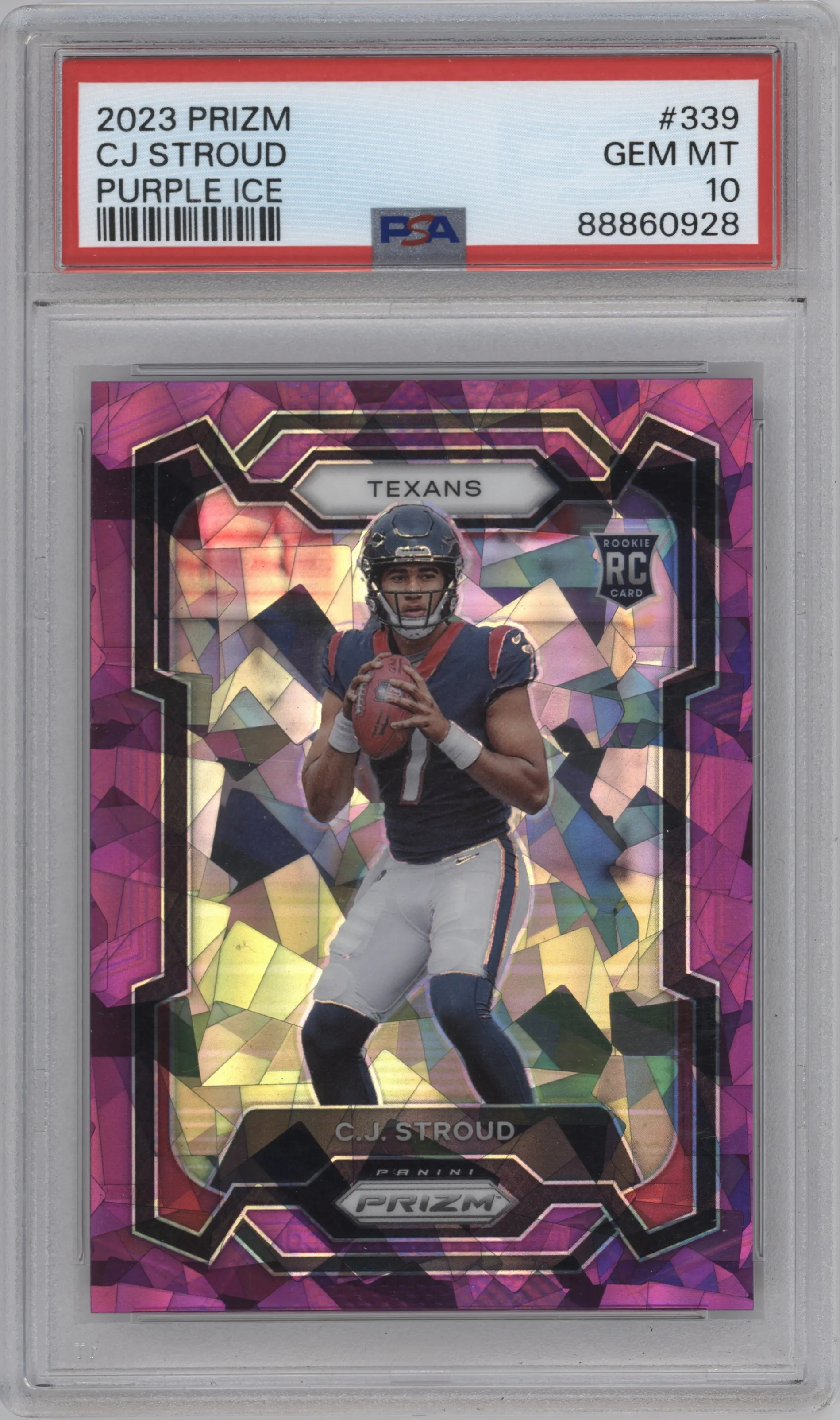 C.J. Stroud from the 2023 Panini Prizm set featuring a Purple Ice parallel graded by PSA and given an overall grade of 10.