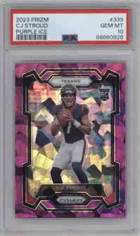 C.J. Stroud from the 2023 Panini Prizm set featuring a Purple Ice parallel graded by PSA and given an overall grade of 10.