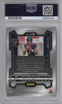 C.J. Stroud from the 2023 Panini Prizm set featuring a Purple Ice parallel graded by PSA and given an overall grade of 10.