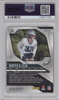 Cooper DeJean from the 2024 Panini Prizm set featuring a Black & White Checker parallel graded by PSA and given an overall grade of 10.