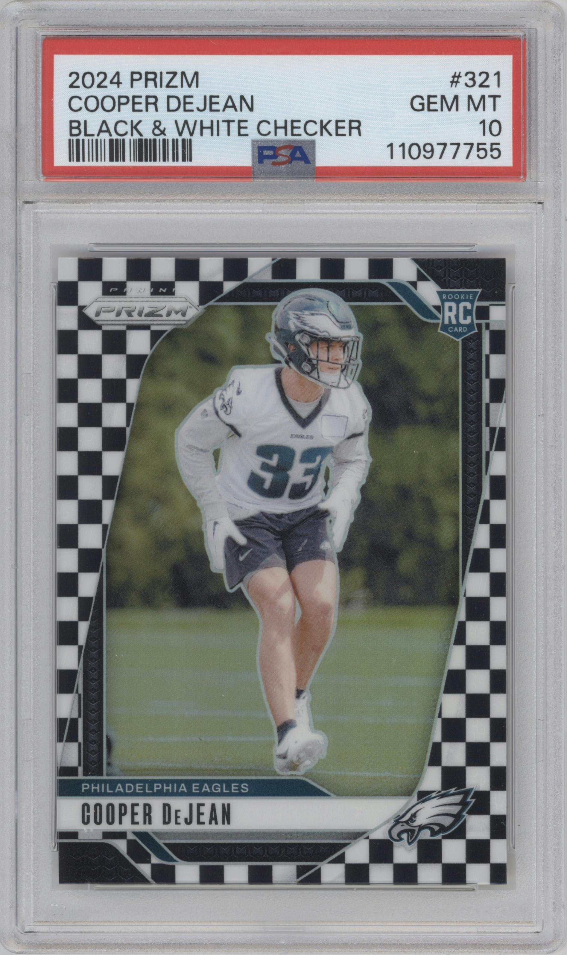 Cooper DeJean from the 2024 Panini Prizm set featuring a Black & White Checker parallel graded by PSA and given an overall grade of 10.