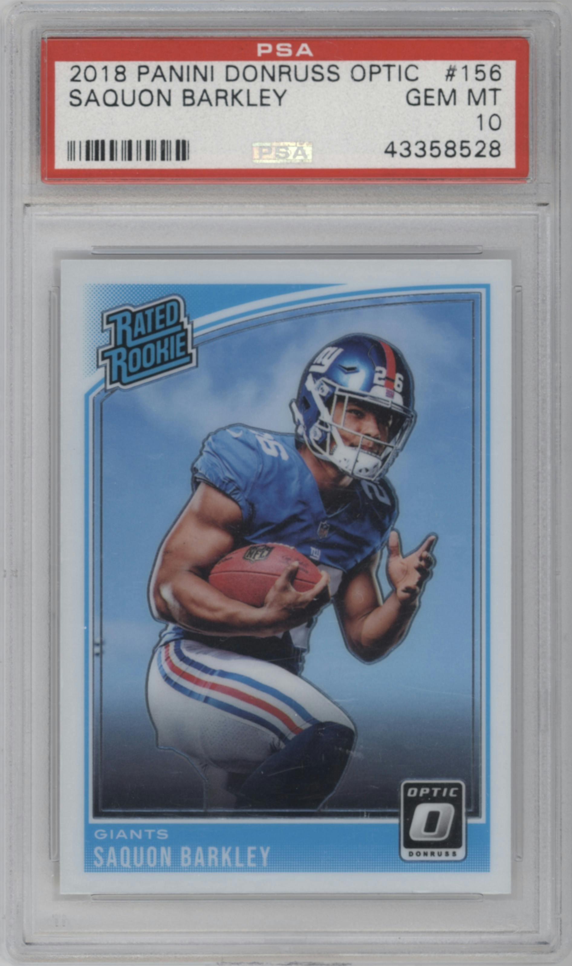 Saquon Barkley from the 2018 Panini Donruss Optic set graded by PSA and given an overall grade of 10.