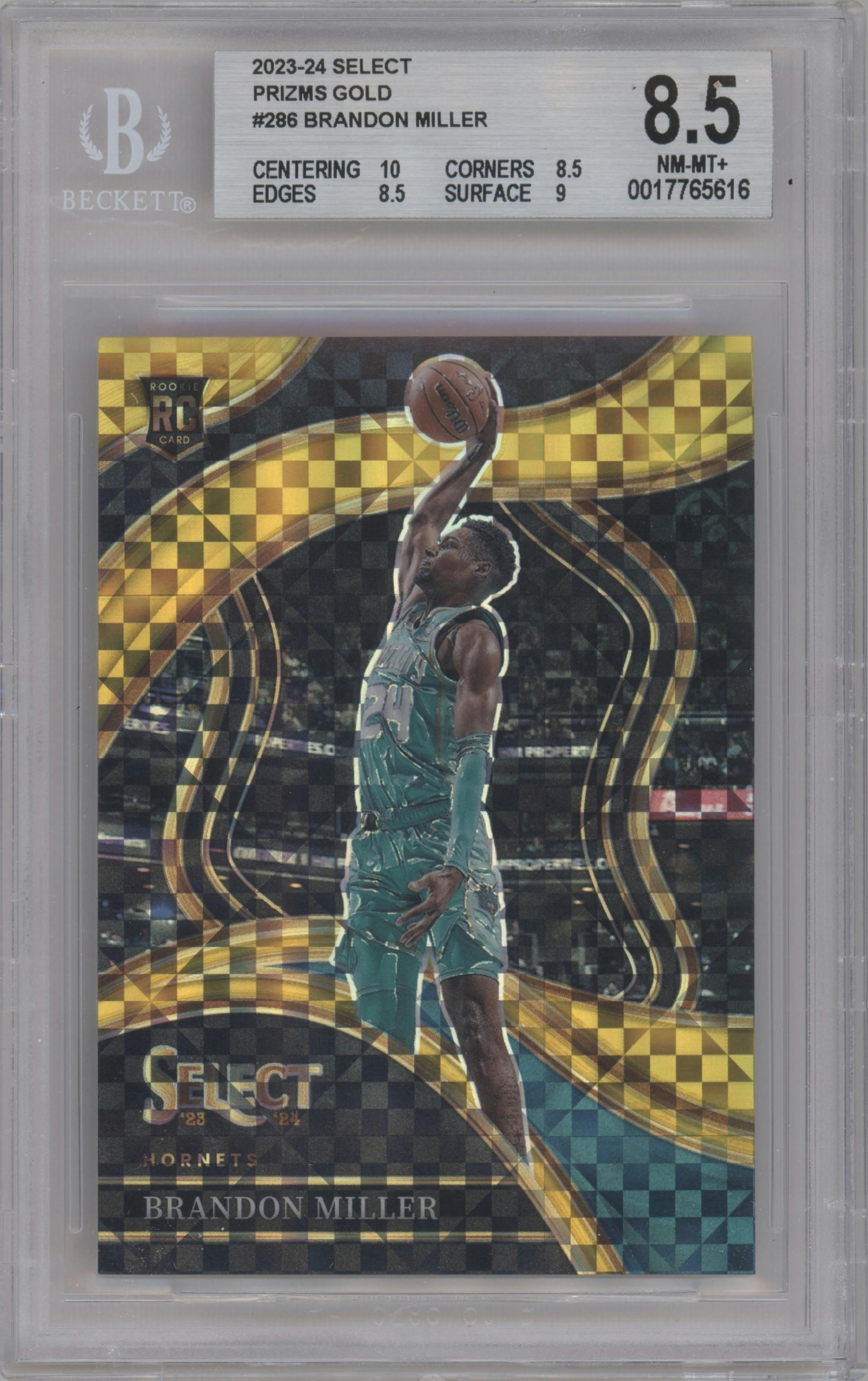 Brandon Miller from the 2023-24 Panini Select  set featuring a Gold Prizm parallel graded by Beckett and given an overall grade of 8.5.