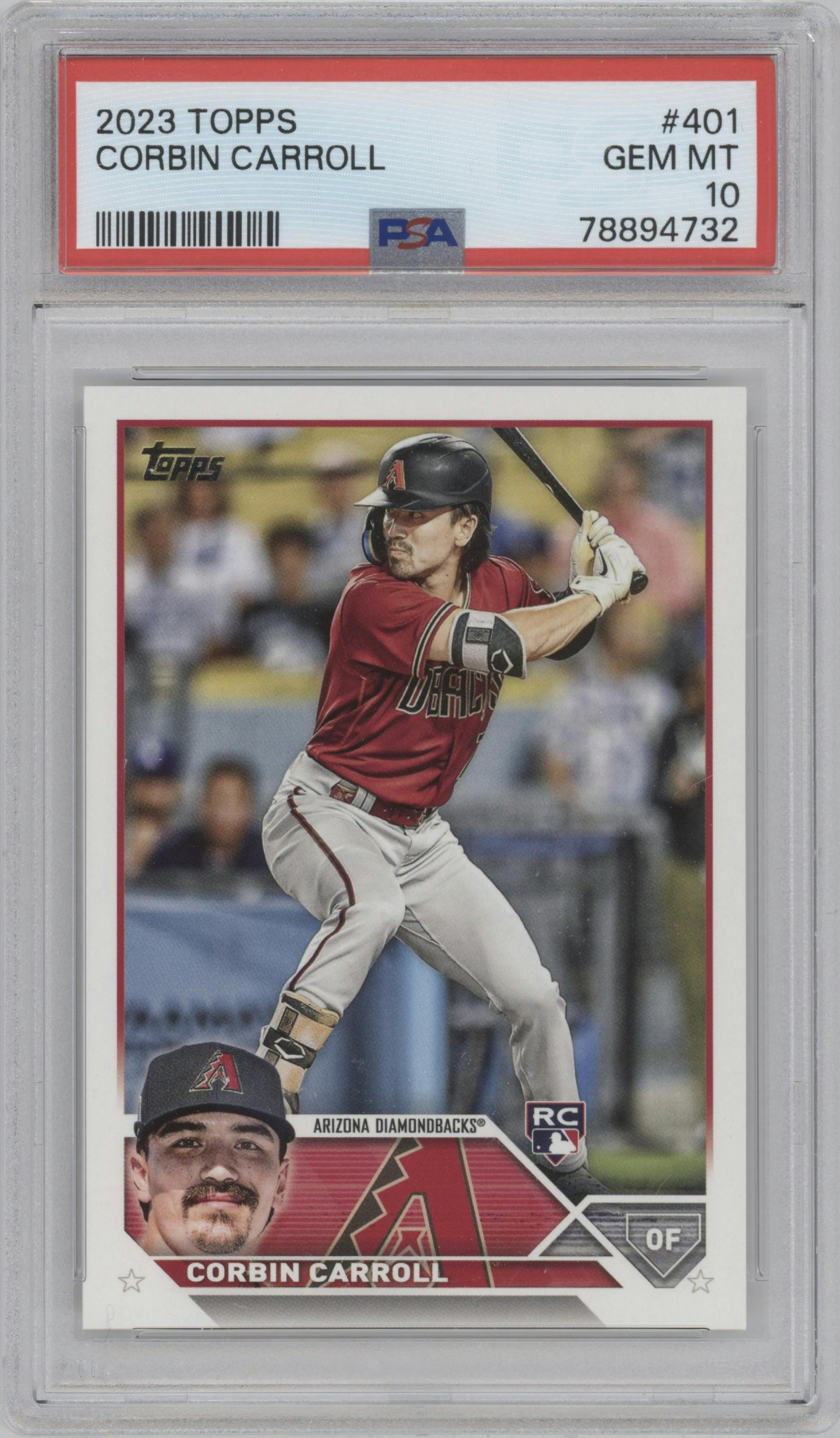 Corbin Carroll from the 2023 Topps Series 2 set graded by PSA and given an overall grade of 10.