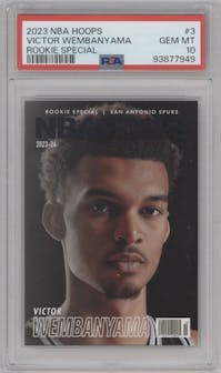Victor Wembanyama from the 2023-24 Panini NBA Hoops set graded by PSA and given an overall grade of 10.