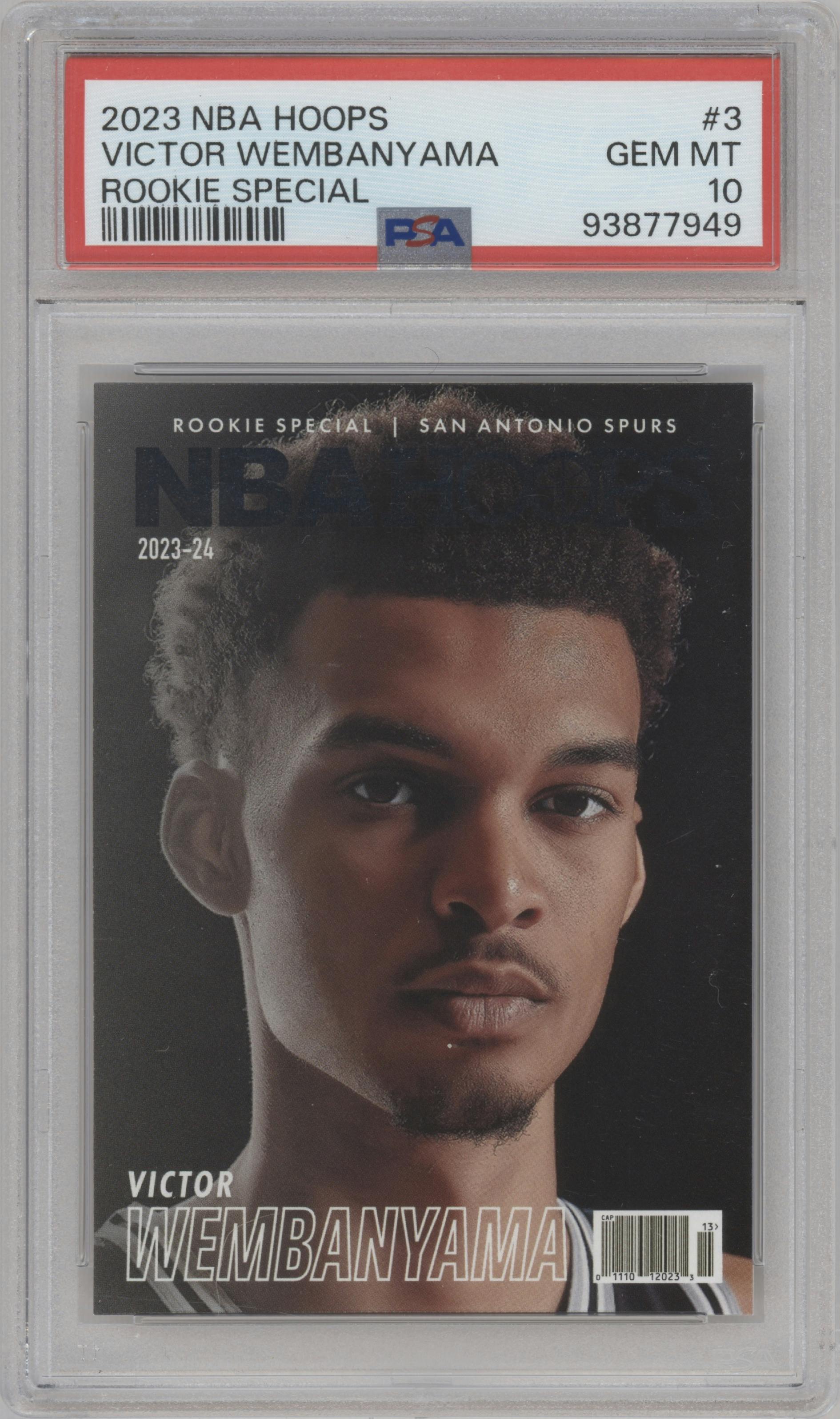 Victor Wembanyama from the 2023-24 Panini NBA Hoops set graded by PSA and given an overall grade of 10.