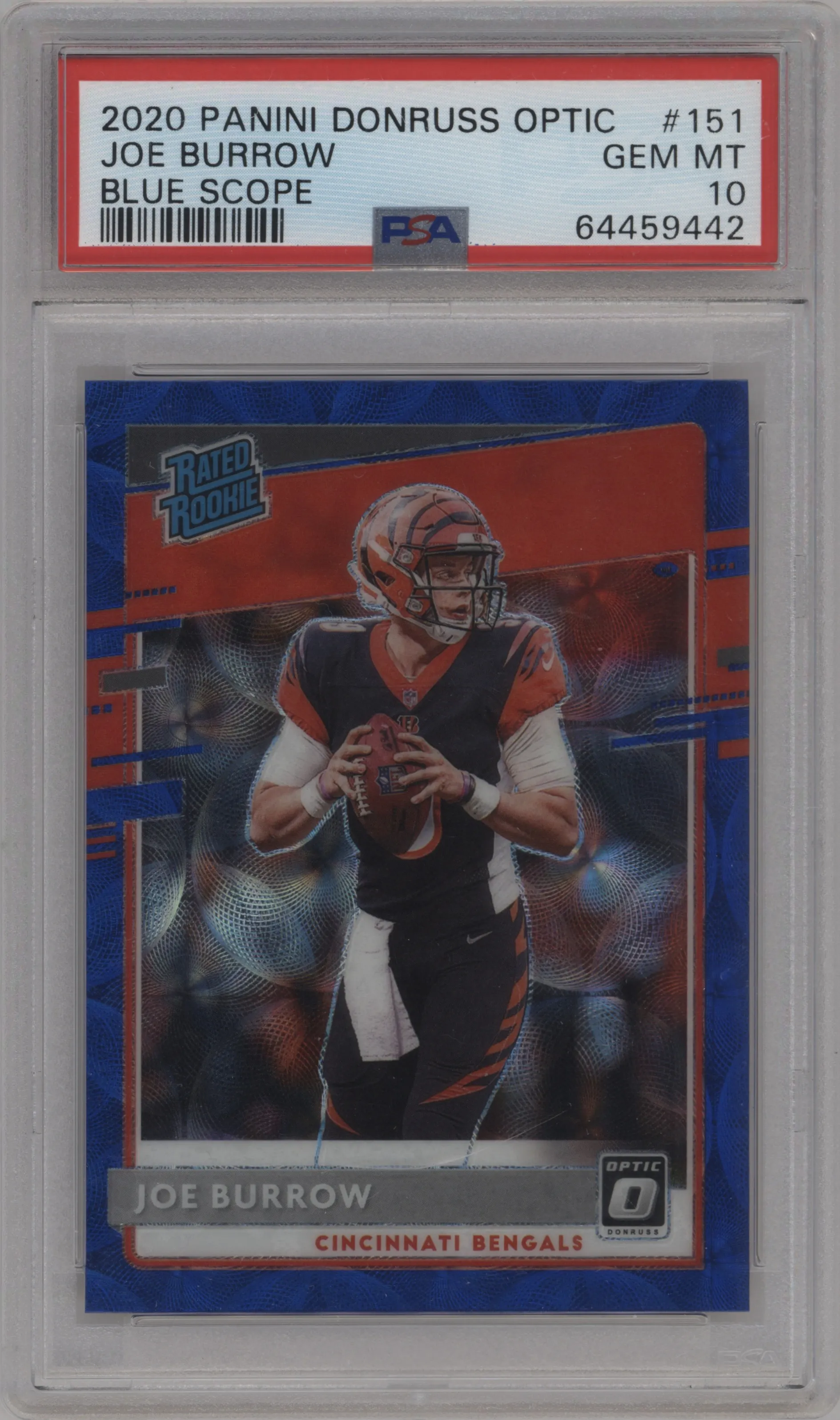 2020 Panini Donruss Optic Rated Rookie Joe Burrow Blue Scope #151 PSA 10