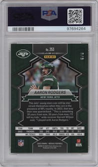 Aaron Rodgers from the 2023 Panini Mosaic set featuring a Choice Black Gold parallel graded by PSA and given an overall grade of 9.