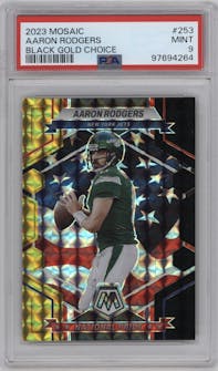 Aaron Rodgers from the 2023 Panini Mosaic set featuring a Choice Black Gold parallel graded by PSA and given an overall grade of 9.