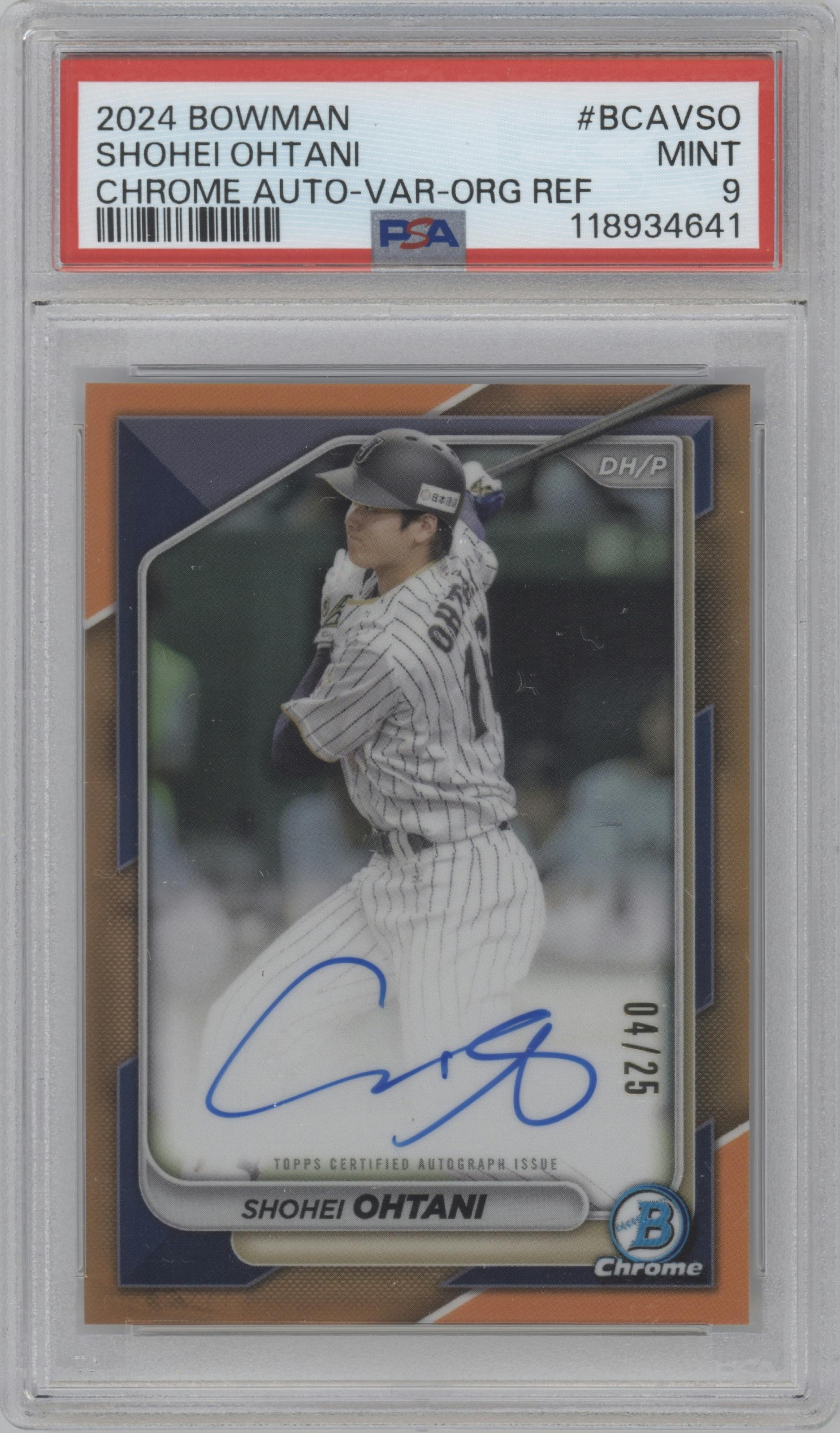 Shohei Ohtani from the 2024 Bowman set featuring a Orange Refractor parallel graded by PSA and given an overall grade of 9.