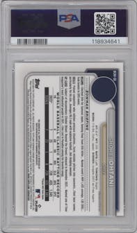 Shohei Ohtani from the 2024 Bowman set featuring a Orange Refractor parallel graded by PSA and given an overall grade of 9.