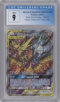 Moltres/Zapdos/Articuno GX from the 2019 Pokemon S&M  set featuring a Hidden Fates Elite Trainer Box parallel graded by CSG and given an overall grade of 9.