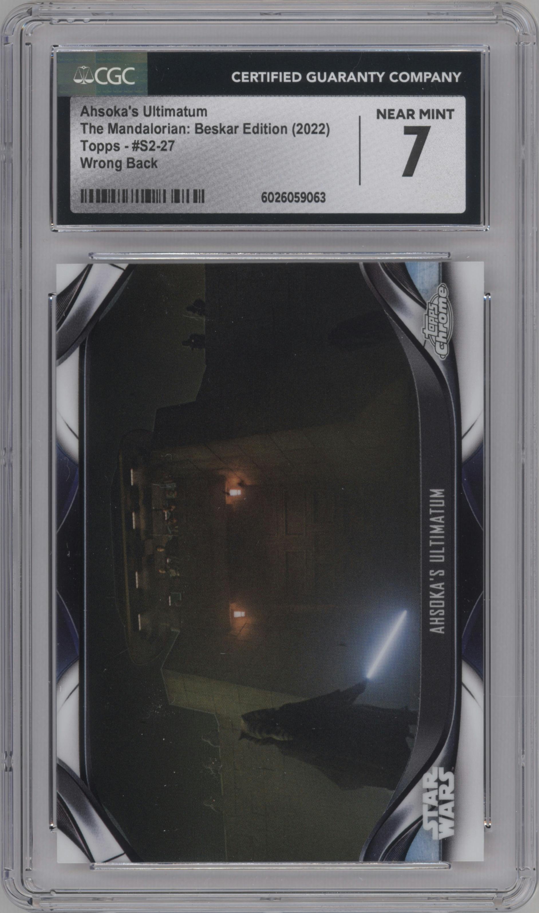 Ahsoka's Ultimatum from the 2022 Topps Chrome Star Wars The Mandalorian Beskar Edition set featuring a Wrong Back parallel graded by CSG and given an overall grade of 7.