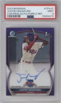 Justin Crawford from the 2023 Bowman  set featuring a Purple Refractor  parallel graded by PSA and given an overall grade of 9.