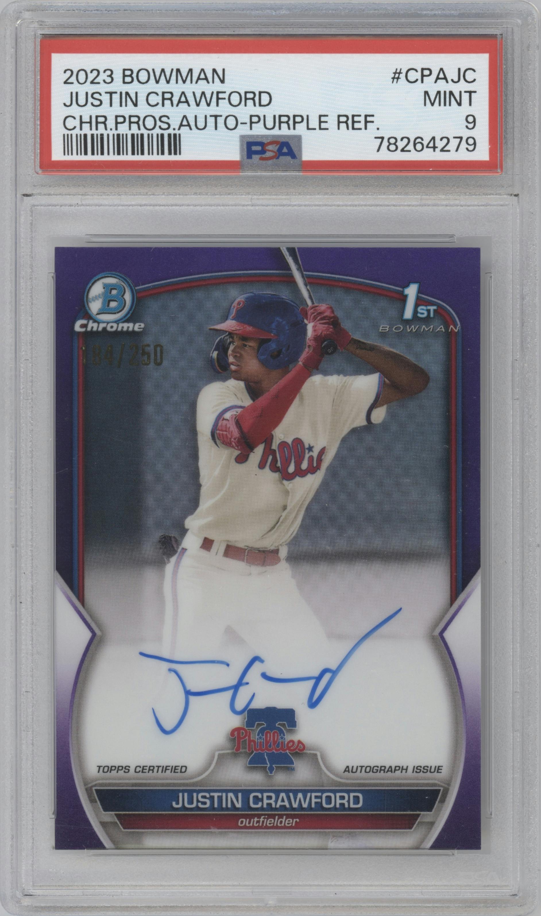 Justin Crawford from the 2023 Bowman  set featuring a Purple Refractor  parallel graded by PSA and given an overall grade of 9.