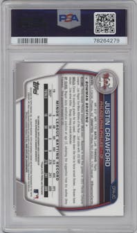 Justin Crawford from the 2023 Bowman  set featuring a Purple Refractor  parallel graded by PSA and given an overall grade of 9.