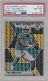 Tua Tagovailoa from the 2020 Panini Mosaic set featuring a Choice Black Gold parallel graded by PSA and given an overall grade of 10.
