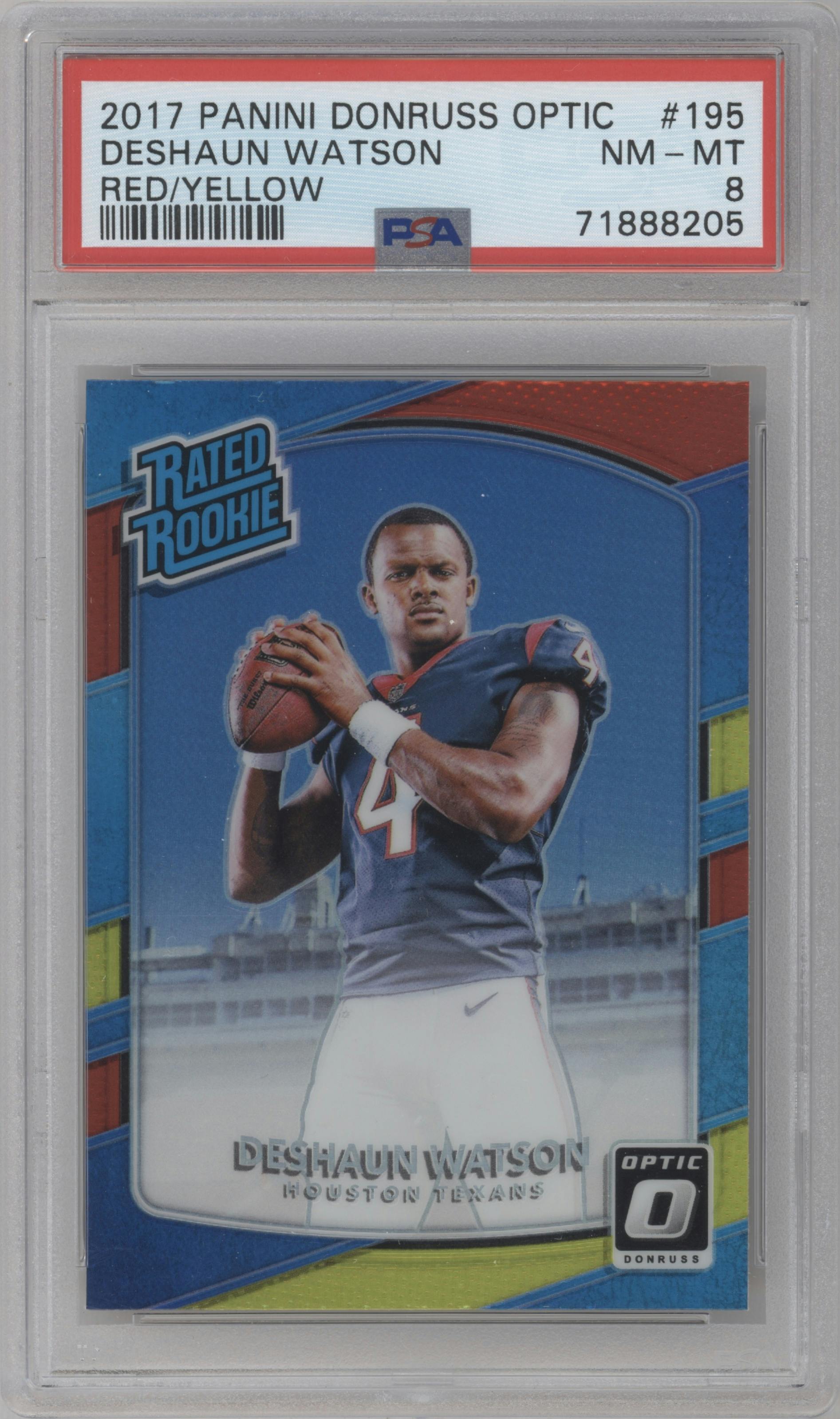 Deshaun Watson from the 2017 Panini Donruss Optic set featuring a Red/Yellow parallel graded by PSA and given an overall grade of 8.