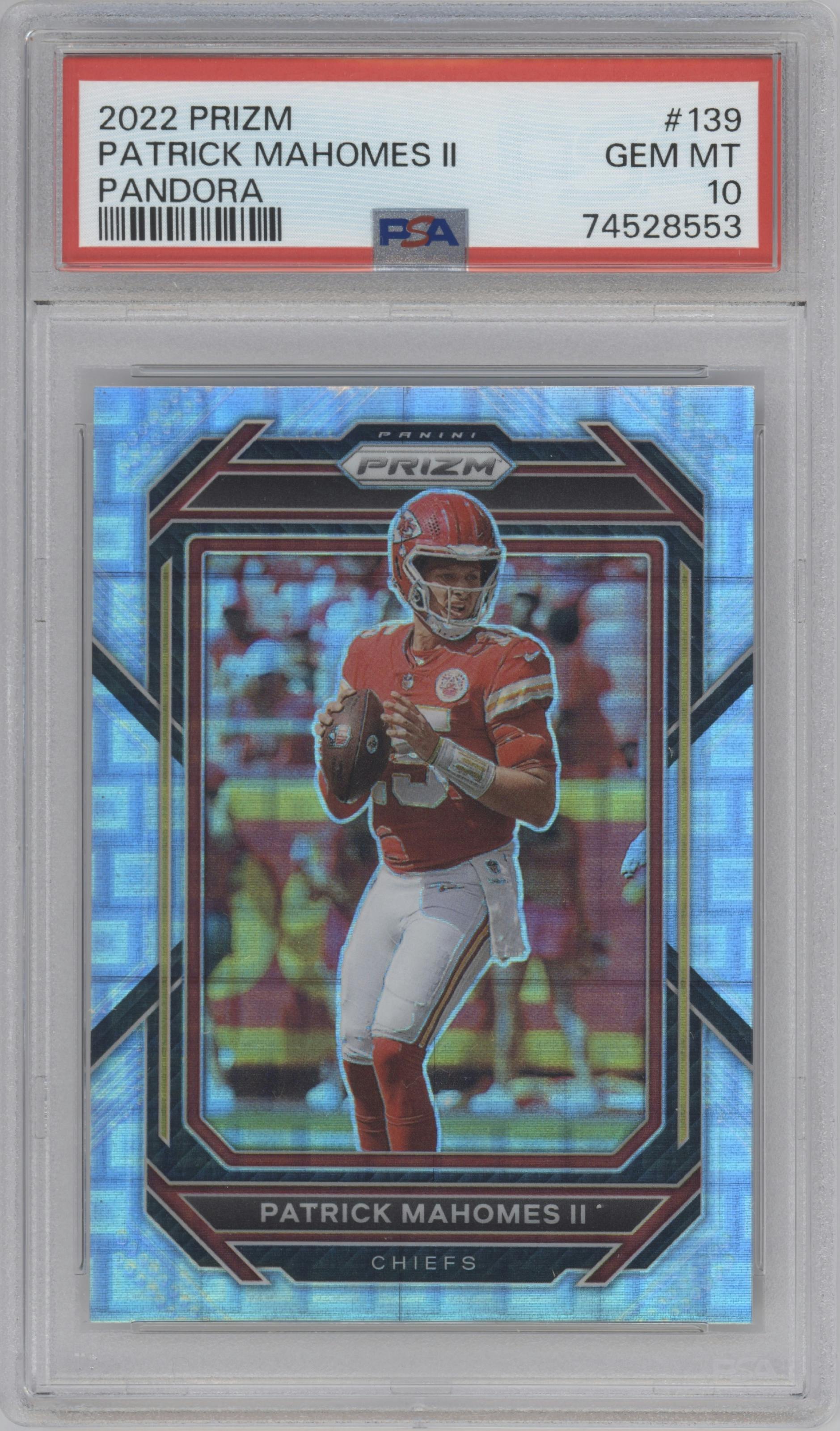 Patrick Mahomes II from the 2022 Panini Prizm set featuring a Pandora parallel graded by PSA and given an overall grade of 10.
