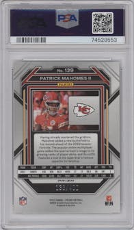 Patrick Mahomes II from the 2022 Panini Prizm set featuring a Pandora parallel graded by PSA and given an overall grade of 10.