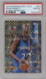 Kevin Garnett from the 1997-98 Bowman's Best set featuring a Atomic Refractor parallel graded by PSA and given an overall grade of 10.