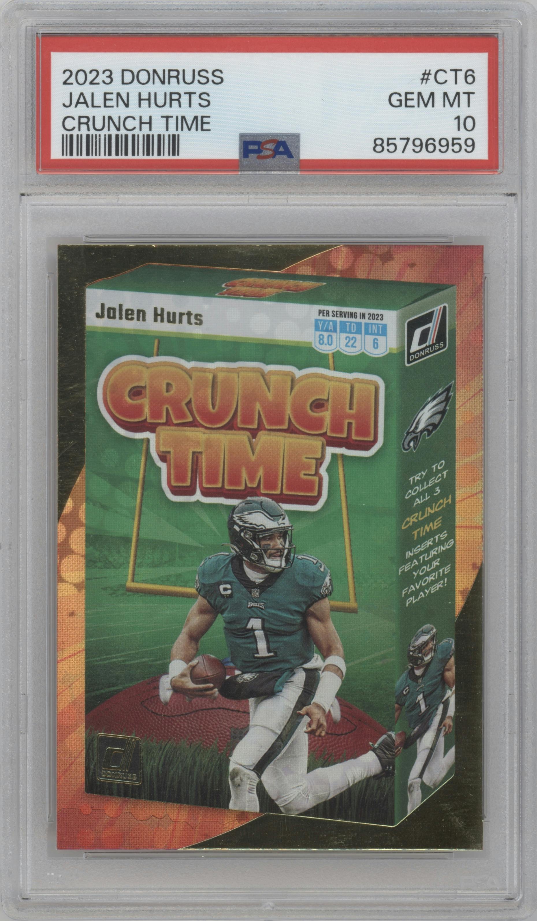 Jalen Hurts from the 2023 Panini Donruss set graded by PSA and given an overall grade of 10.