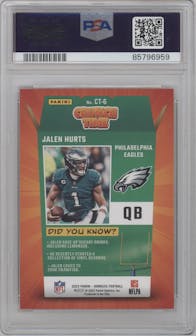 Jalen Hurts from the 2023 Panini Donruss set graded by PSA and given an overall grade of 10.