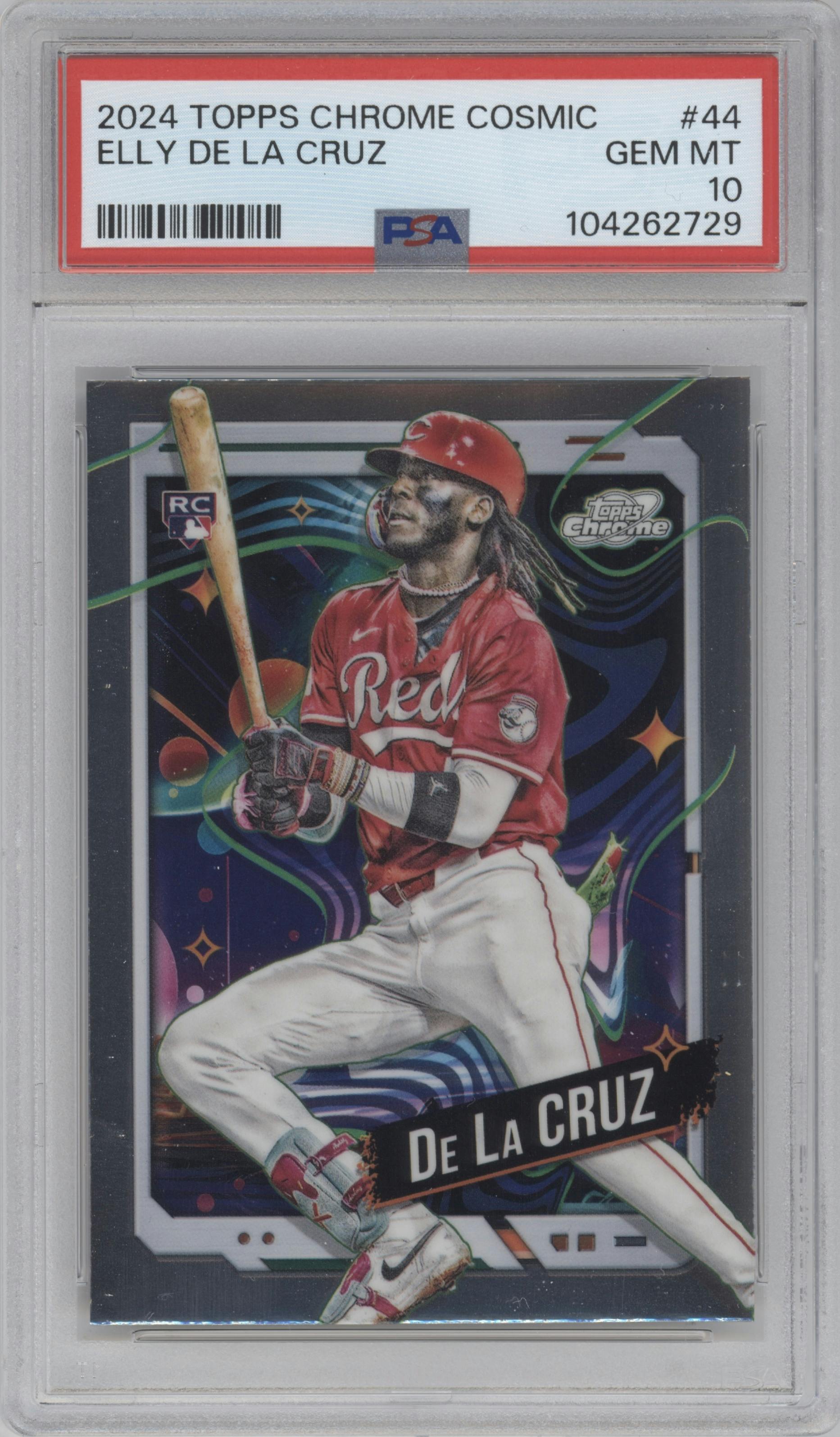 Elly De La Cruz from the 2024 Topps Cosmic Chrome set graded by PSA and given an overall grade of 10.