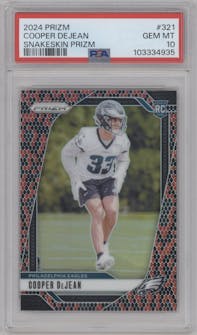 Cooper DeJean from the 2024 Panini Prizm set featuring a Snakeskin parallel graded by PSA and given an overall grade of 10.
