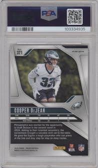 Cooper DeJean from the 2024 Panini Prizm set featuring a Snakeskin parallel graded by PSA and given an overall grade of 10.