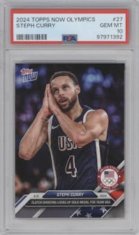 Steph Curry from the 2024 Topps Now Olympics set graded by PSA and given an overall grade of 10.