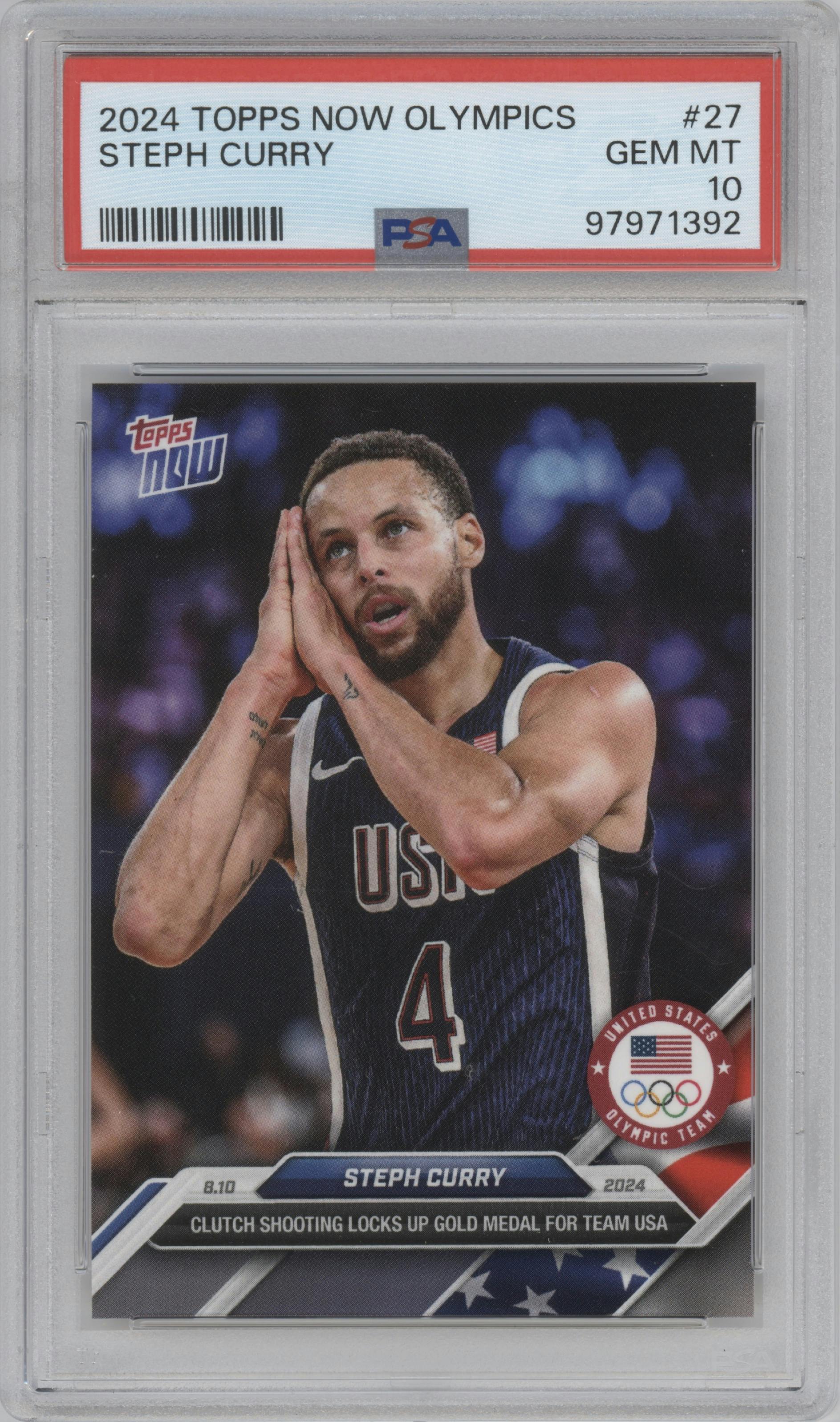 Steph Curry from the 2024 Topps Now Olympics set graded by PSA and given an overall grade of 10.