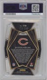 Justin Fields from the 2021 Panini Select set featuring a Die-Cut Orange Prizm parallel graded by PSA and given an overall grade of 10.