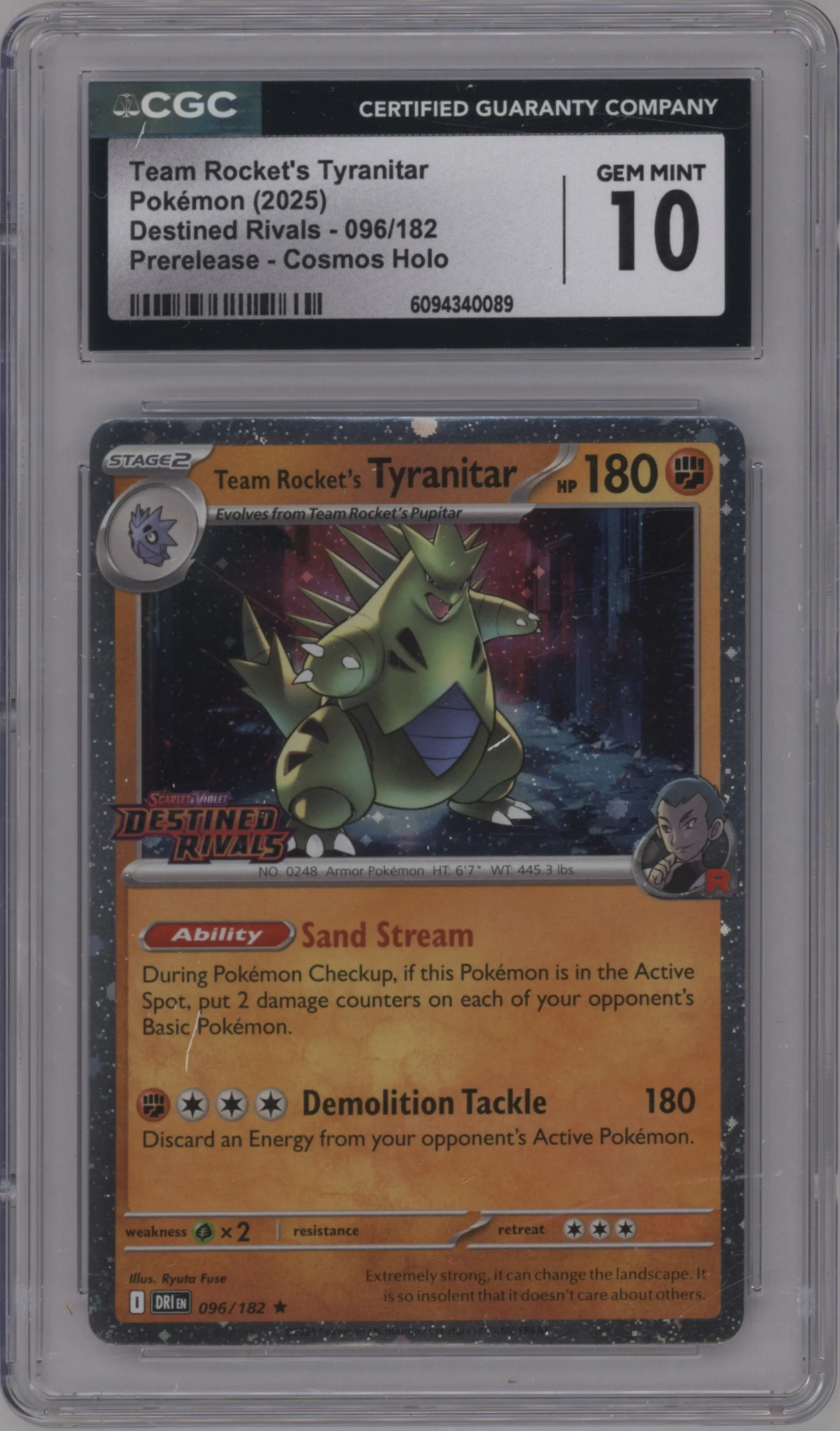 2025 Pokemon SV Destined Rivals Team Rocket's Tyranitar Prerelease #096 CGC 10
