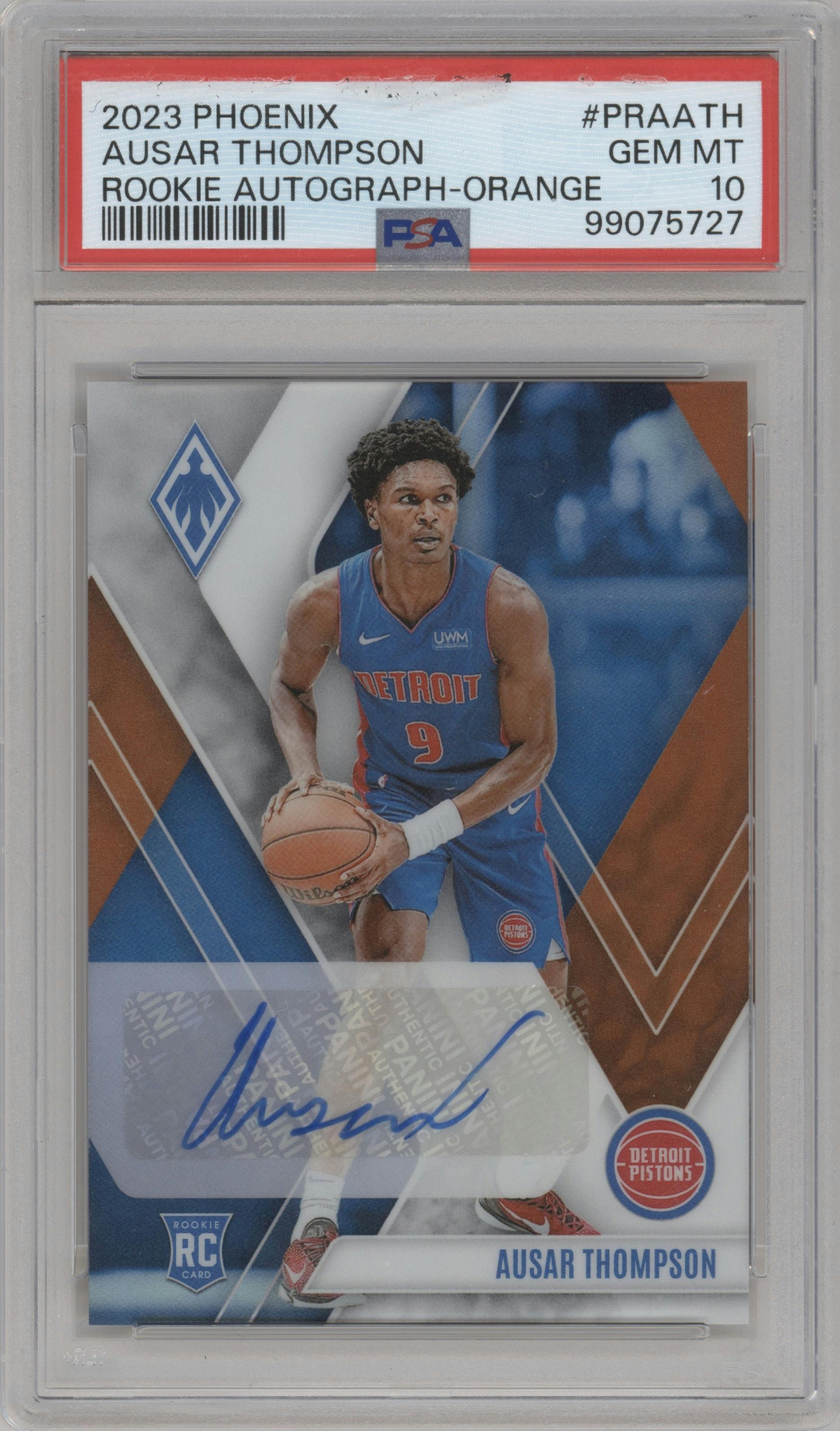 Ausar Thompson from the 2023-24 Panini Phoenix set featuring a Orange parallel graded by PSA and given an overall grade of 10.