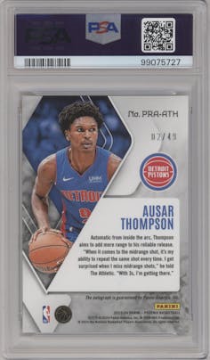 Ausar Thompson from the 2023-24 Panini Phoenix set featuring a Orange parallel graded by PSA and given an overall grade of 10.