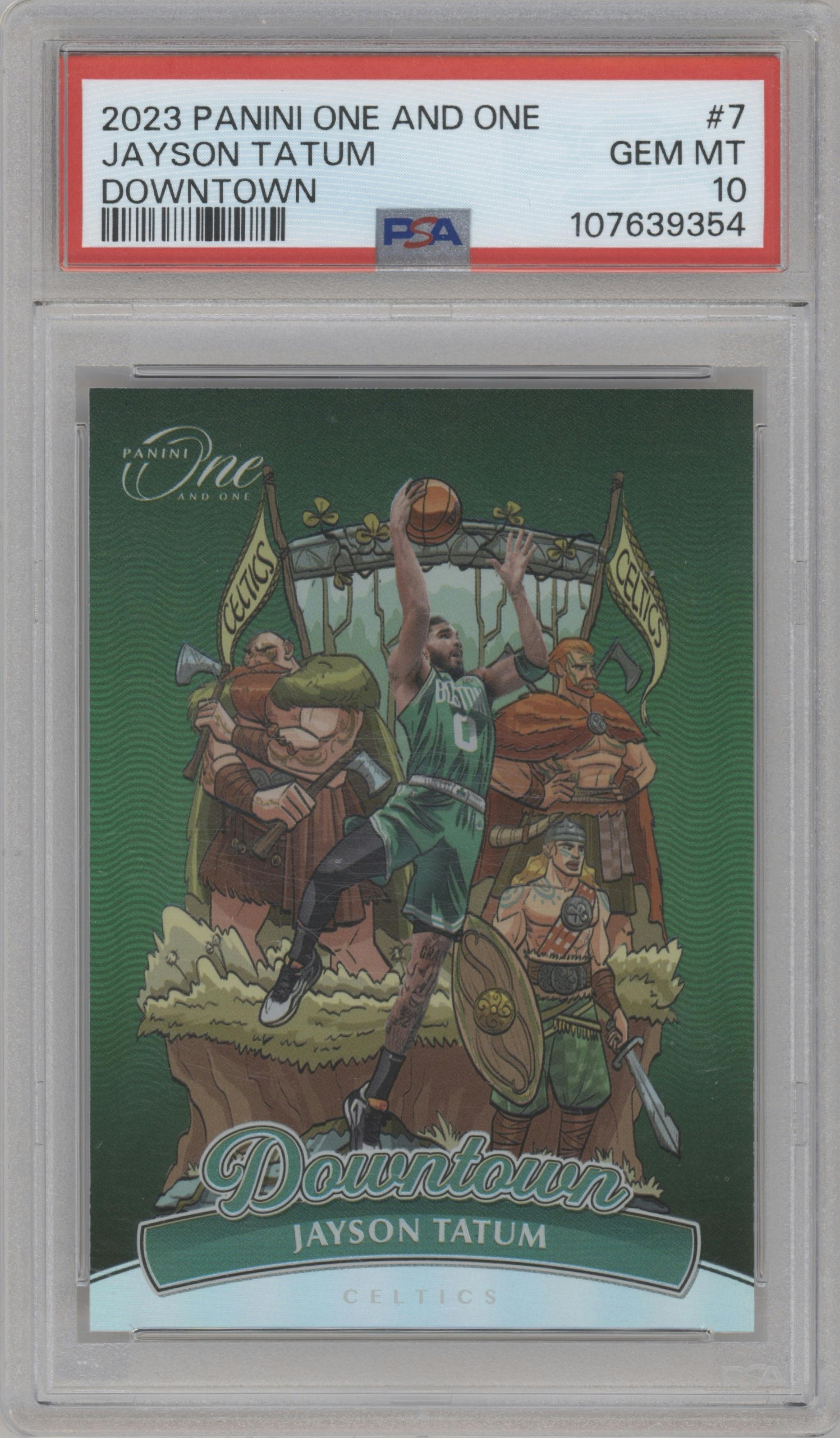 Jayson Tatum from the 2023-24 Panini One and One set graded by PSA and given an overall grade of 10.