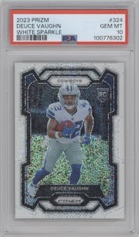 Deuce Vaughn from the 2023 Panini Prizm set featuring a White Sparkle parallel graded by PSA and given an overall grade of 10.