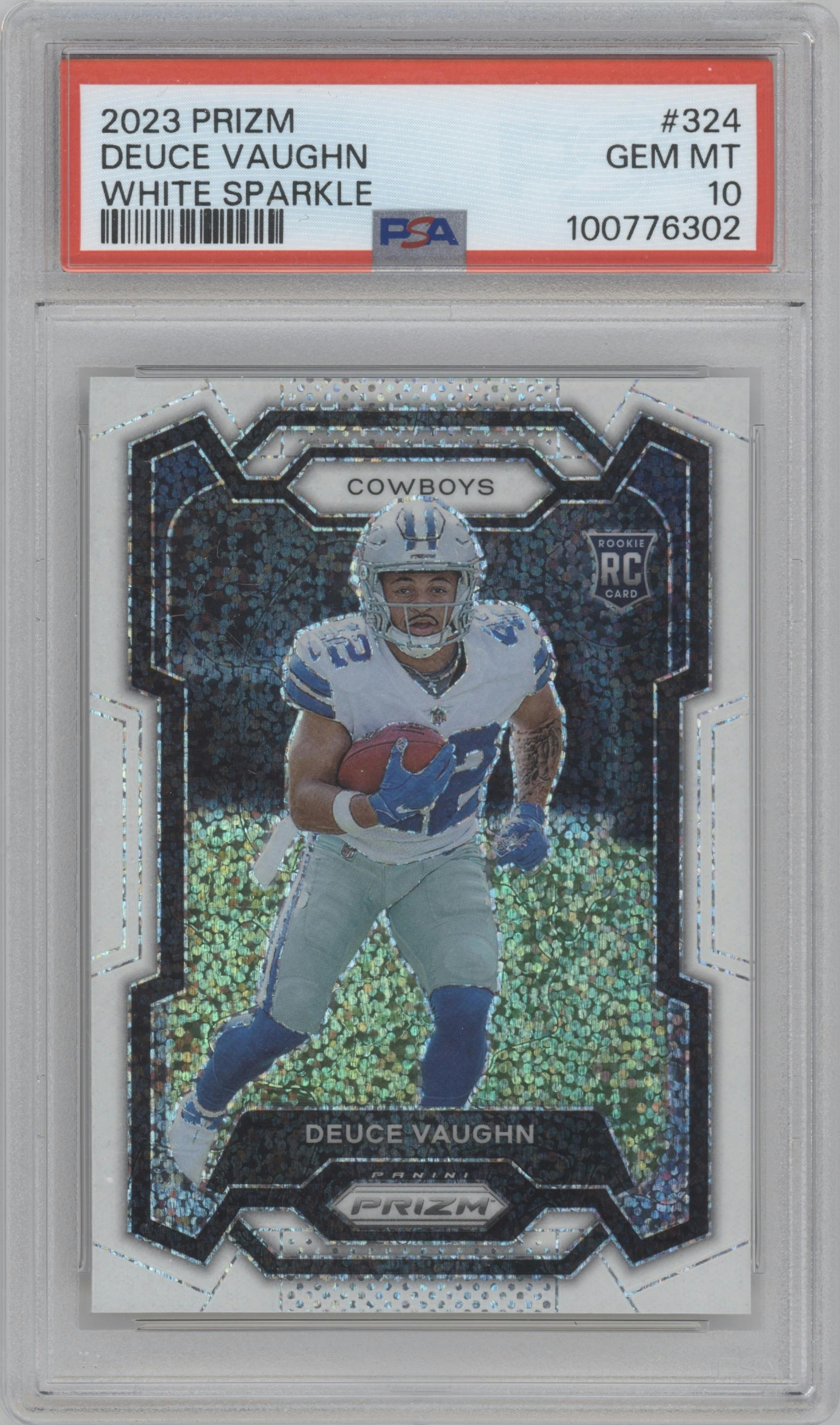 Deuce Vaughn from the 2023 Panini Prizm set featuring a White Sparkle parallel graded by PSA and given an overall grade of 10.