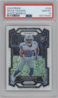 Deuce Vaughn from the 2023 Panini Prizm set featuring a White Sparkle parallel graded by PSA and given an overall grade of 10.