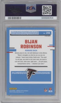 Bijan Robinson from the 2023 Donruss Optic set featuring a  Purple Shock parallel graded by PSA and given an overall grade of 10.