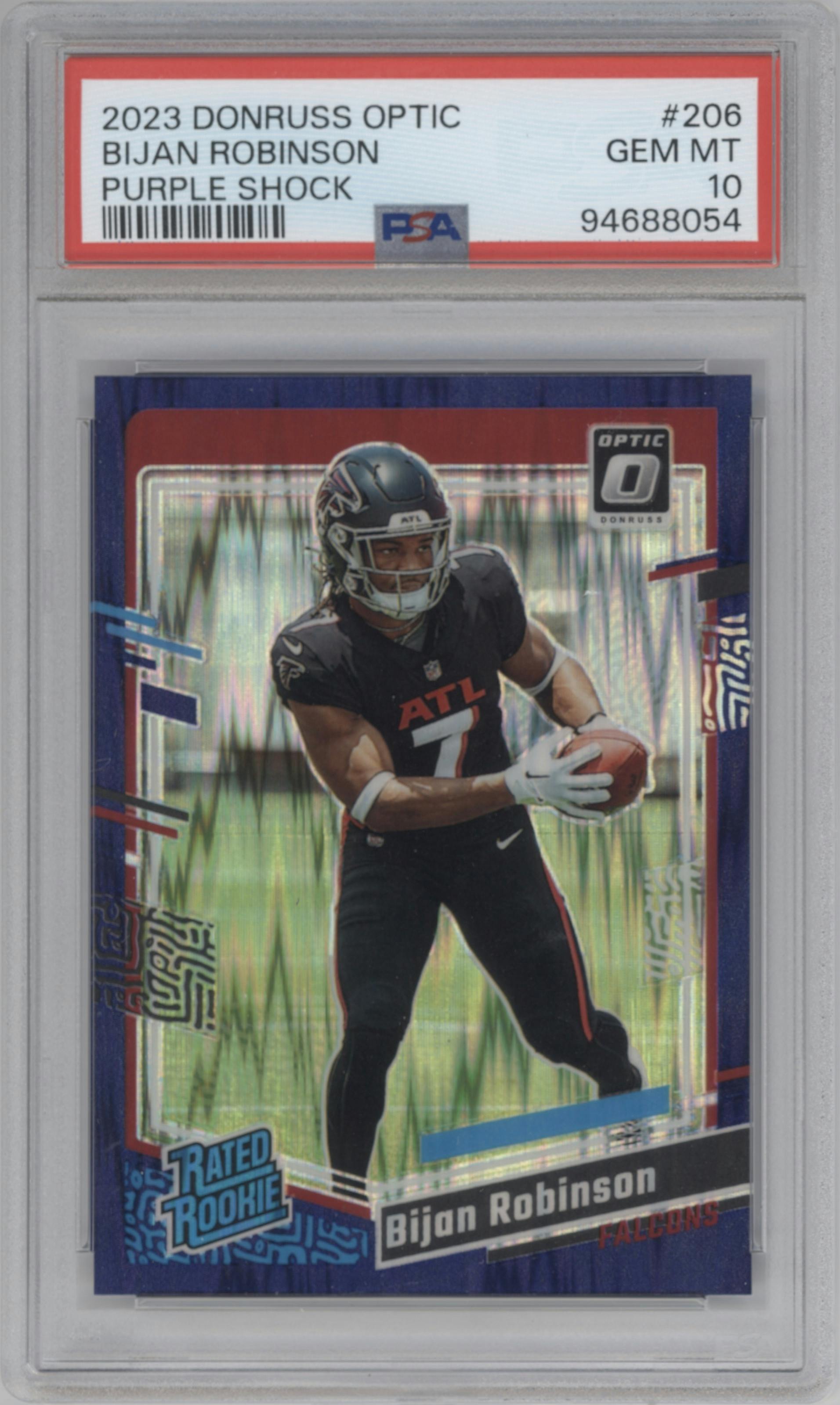 Bijan Robinson from the 2023 Donruss Optic set featuring a  Purple Shock parallel graded by PSA and given an overall grade of 10.