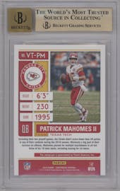Patrick Mahomes II from the 2019 Panini Contenders set featuring a Cracked Ice parallel graded by Beckett and given an overall grade of 9.5.