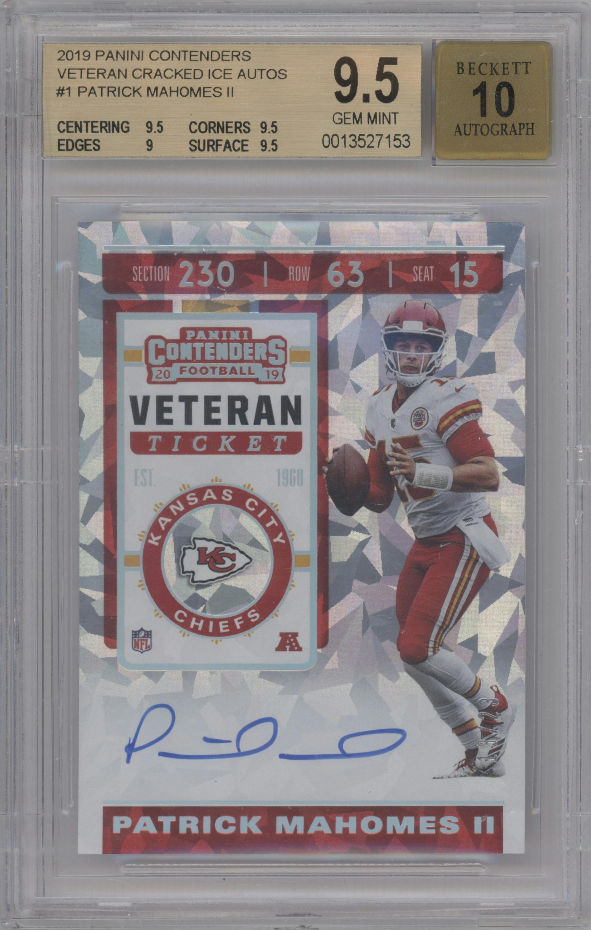Patrick Mahomes II from the 2019 Panini Contenders set featuring a Cracked Ice parallel graded by Beckett and given an overall grade of 9.5.