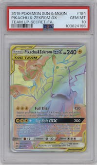 Pikachu/Zekrom GX from the 2019 Pokemon S&M  set graded by PSA and given an overall grade of 10.