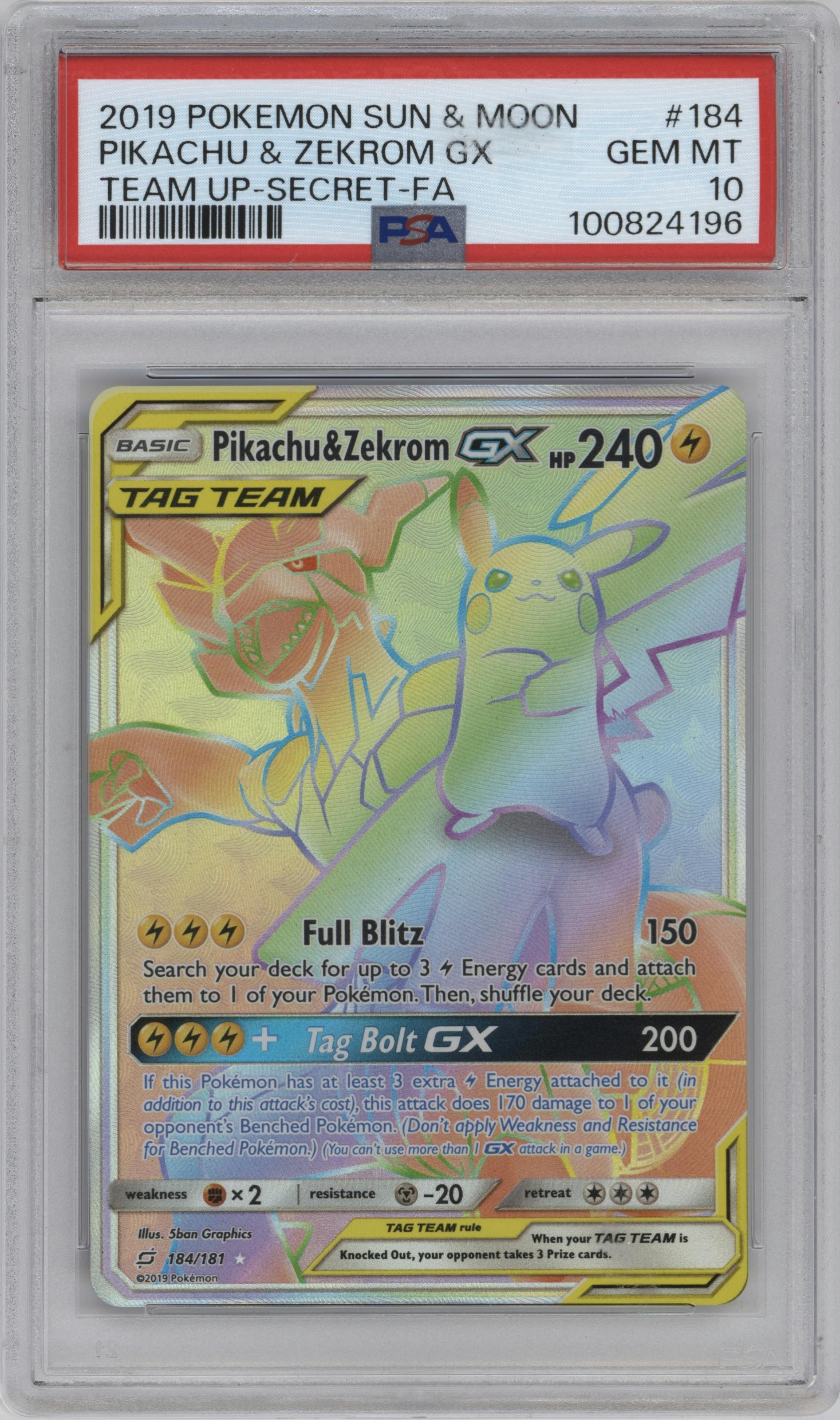 Pikachu/Zekrom GX from the 2019 Pokemon S&M  set graded by PSA and given an overall grade of 10.