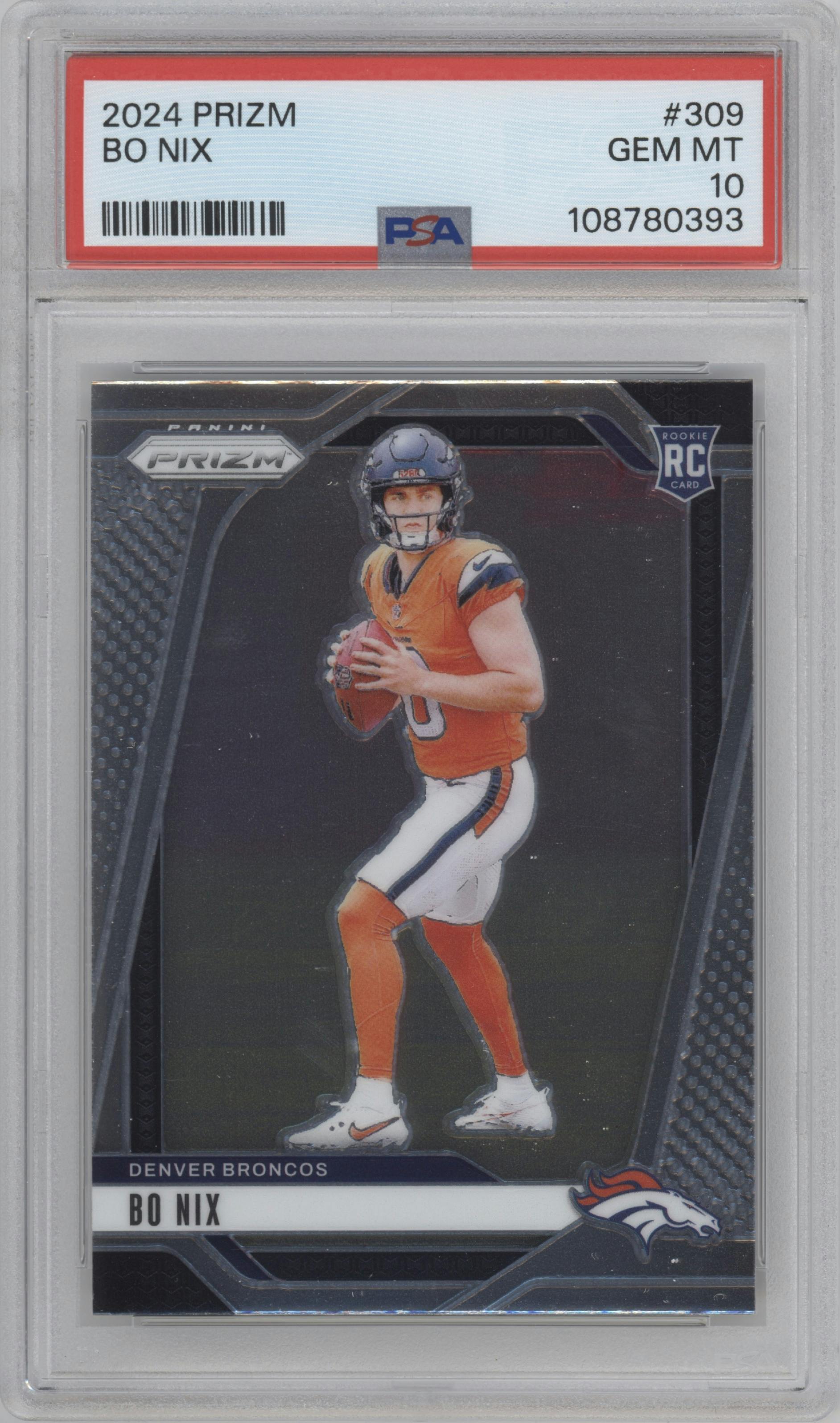 Bo Nix from the 2024 Panini Prizm set graded by PSA and given an overall grade of 10.