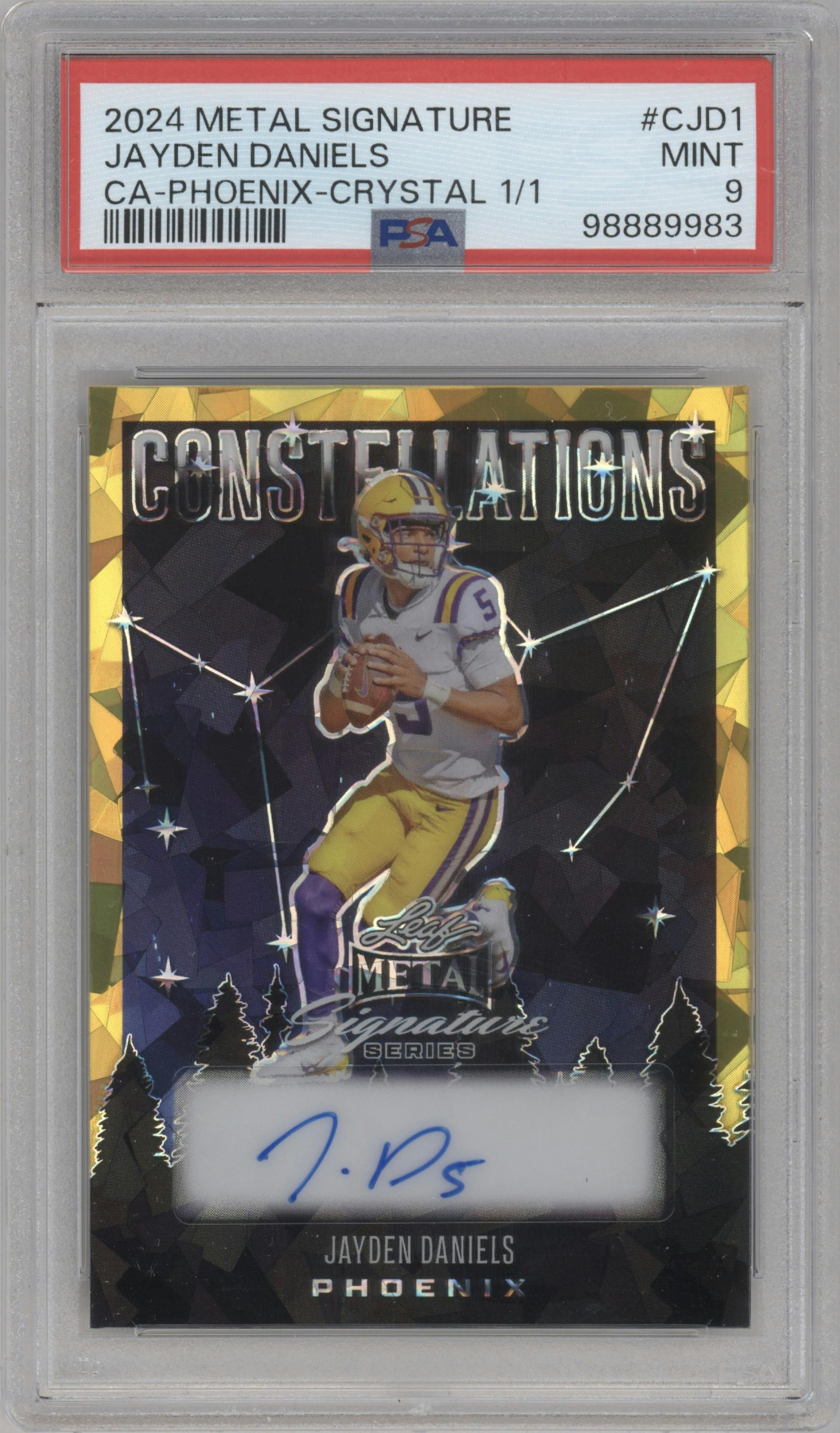 Jayden Daniels from the 2024 Leaf Metal Signature Series set featuring a Crystal parallel graded by PSA and given an overall grade of 9.