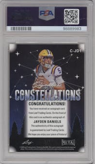 Jayden Daniels from the 2024 Leaf Metal Signature Series set featuring a Crystal parallel graded by PSA and given an overall grade of 9.