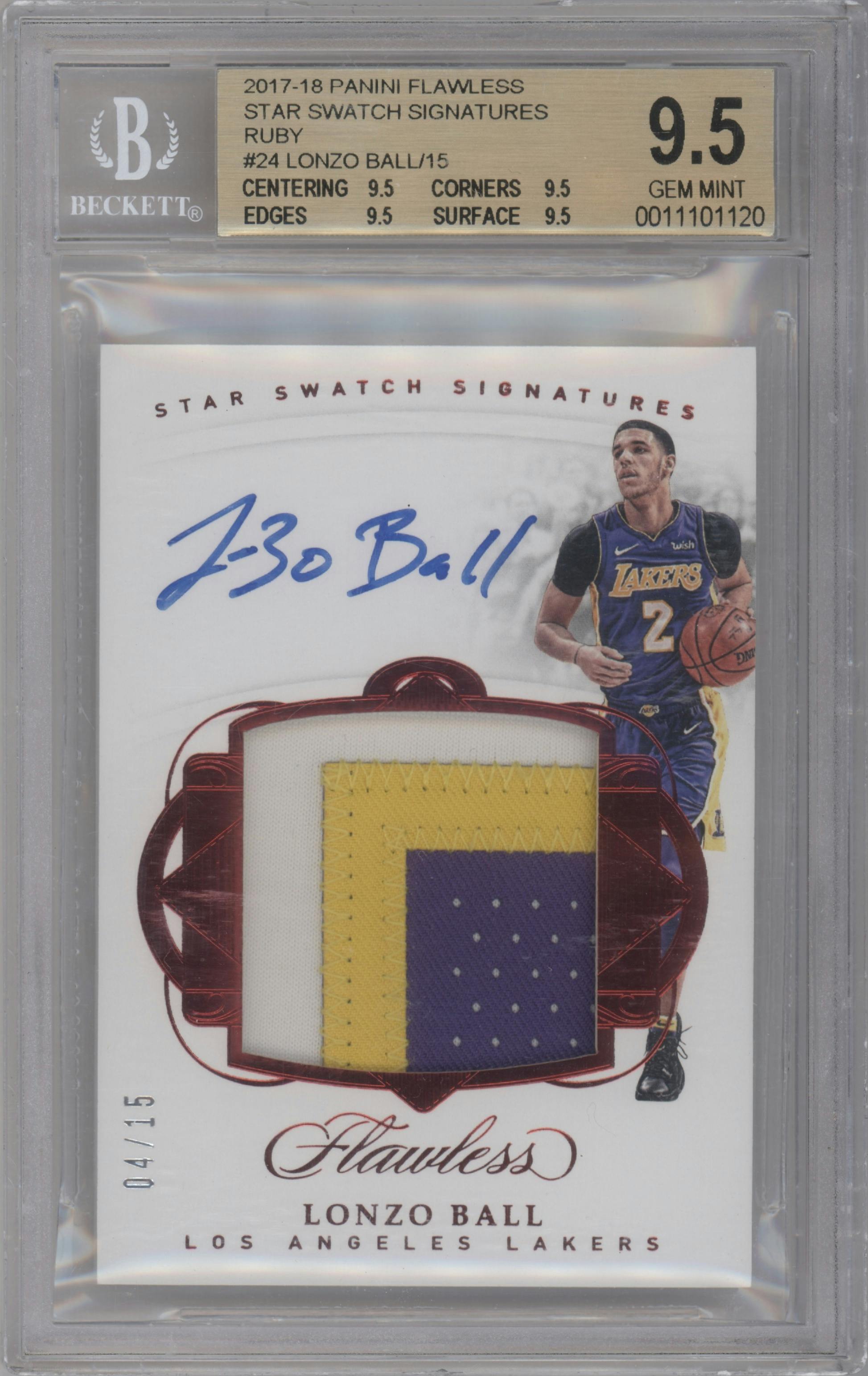 Lonzo Ball from the 2017-18 Panini Flawless set featuring a Ruby  parallel graded by Beckett and given an overall grade of 9.5.